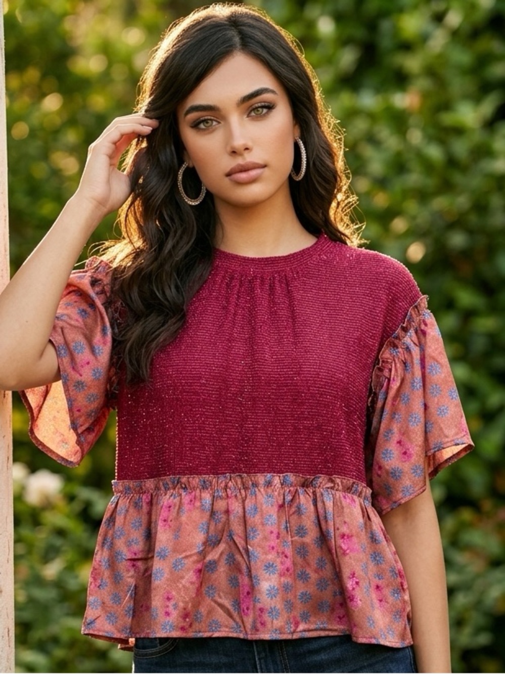 VOY Women's Burgundy Peplum Short Sleeve Top SIZE SMALL new